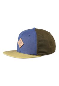 Justerbar keps med blå front, olivgröna sidor och gul skärm. Har en diamantformad läderlapp och broderad logotyp.