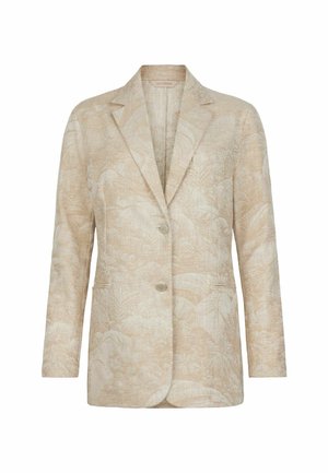 Blazer beige à motif avec deux boutons, revers crantés et poches avant, présentant un motif discret de feuilles.