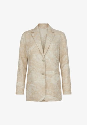 Beżowa marynarka w wzory z dwoma guzikami, wyciętymi klapami i przednimi kieszeniami, z subtelnym wzorem liści.