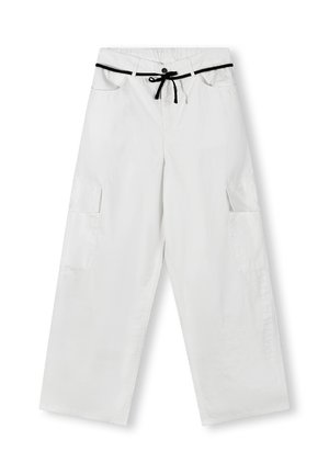 Hvide cargo bukser med bred ben-design, der har to sidelommer til cargo, elastisk talje og detaljer med snøre. Satinfinish.