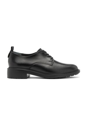 Chaussure noire en cuir à lacets avec petit talon, bout arrondi, détails cousus et languette à l'arrière, vue de côté extérieur.