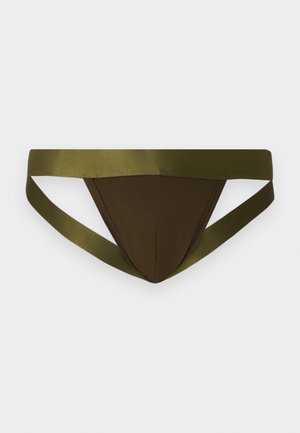 Brown underwear with an elastic, olive green waistband and side straps, featuring a contoured front and minimalistic design.