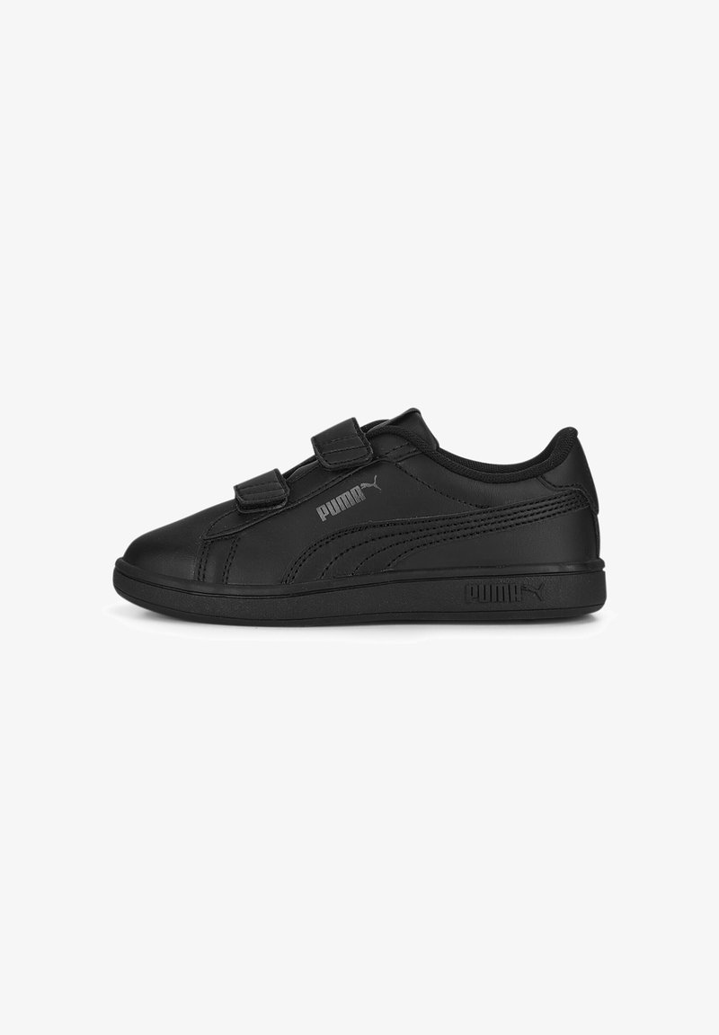 Black athletic shoe with two Velcro straps, smooth synthetic upper, rounded toe, and textured side accents. PUMA logo displayed.