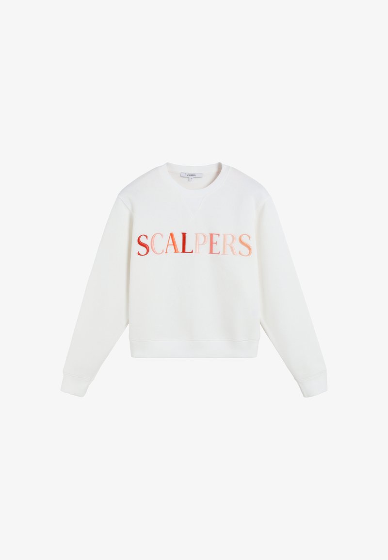 White sweatshirt featuring "SCALPERS" in gradient red to orange text, with a crew neck, long sleeves, and ribbed cuffs and hem.