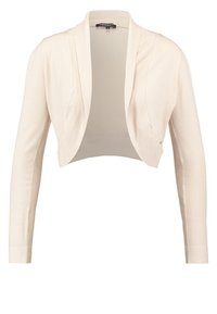 Kortärmad långärmad cardigan i ljus krämfärgad stickad tyg. Öppen framsida med en mjuk textur och minimal hårdvarudel.