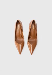 Par de zapatos de tacón altos marrones de punta afilada con acabado brillante y marca ALDO, exhibidos uno al lado del otro sobre un fondo blanco.