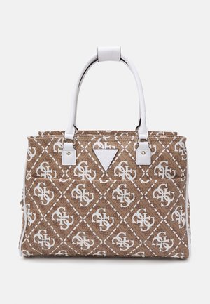 Sac cabas marron et blanc à motifs avec double poignées blanches et un patch logo triangulaire au centre avant.