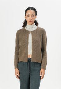 Brown knitted cardigan with a round neckline, open front, and no buttons. Worn over a striped turtleneck, with long sleeves and a cropped design.