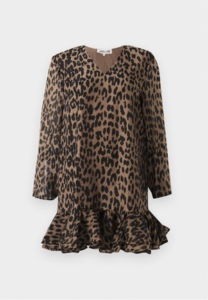 Vestido de estampado de leopardo com decote em V, mangas longas e bainha com pregas largas. Feito de um tecido suave em tons de castanho e preto.