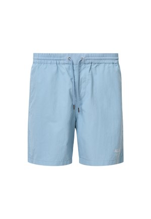 Vaaleansiniset uimashortsit, jotka on valmistettu keveästä kankaasta. Niissä on joustava vyötärö, jossa on nyöri, sekä huomaamaton brändilogo alareunassa.