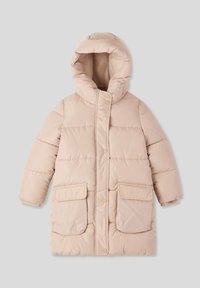 Beżowa kurtka puchowa z kapturem, z pikowanym wzorem, dwiema dużymi kieszeniami z przodu i zapięciem na zatrzaski. Gładki, lekki materiał.