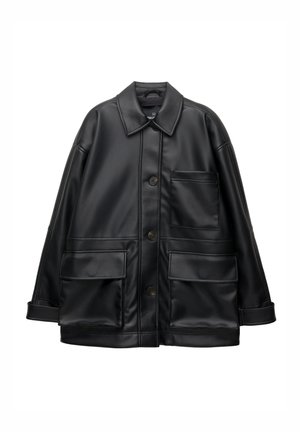 Black faux leather jacket with a collared neck, button closures, and four front pockets. It features stitched detailing and a relaxed fit.