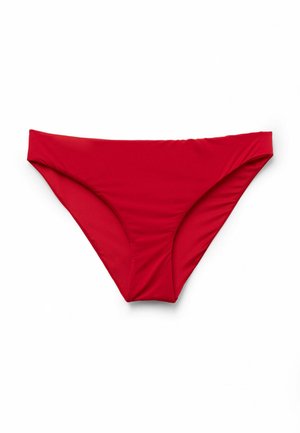 Culotte de bikini rouge pour femme, coupe classique, posée à plat sur un fond blanc.