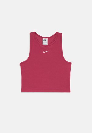 Różowy bawełniany top na ramiączkach z okrągłym dekoltem, z białym logo Nike na piersi. Gładka tekstura i bezrękawnik.