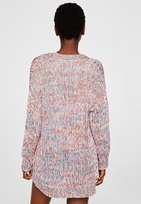 Person wearing a long, multicolored chunky knit sweater with dropped shoulders, viewed from the back against a plain background.