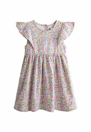 Pigekjole uden ærmer med blomster i pink, lilla og gul, flæseærmer og taljesamling.