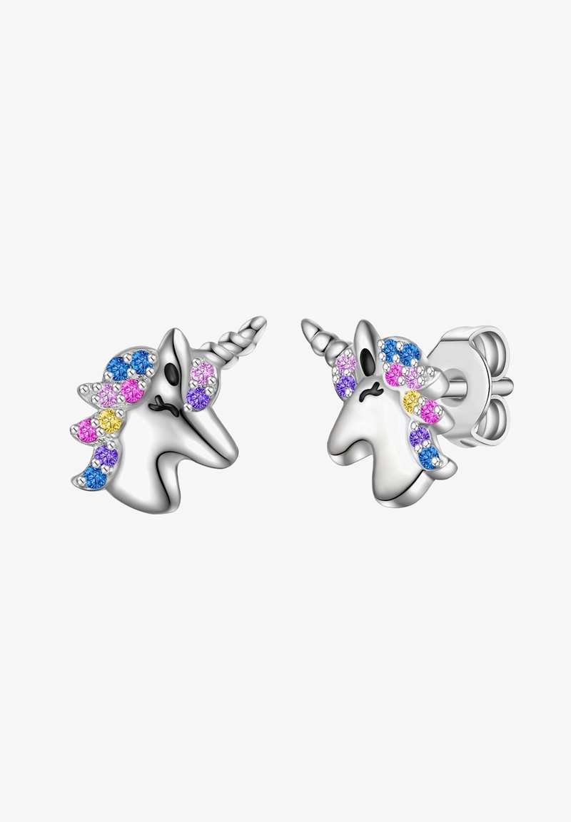 Pendientes de unicornio plateados con acentos de cristal coloridos en azul, rosa, púrpura y amarillo, que presentan un diseño juguetón y una superficie texturizada.