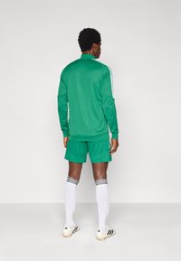 Πράσινο αθλητικό φόρμα με μακριά μανίκια, ταιριαστά σορτς και λευκές ρίγες ως λεπτομέρειες. Περιλαμβάνει λευκές κάλτσες μέχρι το γόνατο και παπούτσια με αγκράφες.