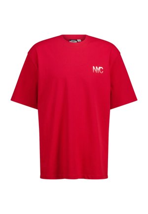 Red cotton t-shirt with short sleeves and a round neckline. Features a small white printed "NYC" logo on the chest.