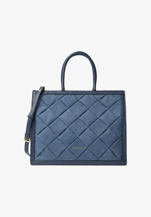 Marineblauwe, gewatteerde handtas gemaakt van glad materiaal, met dubbele handvatten en een afneembare schouderband. Gouden logo-accent aan de onderkant.