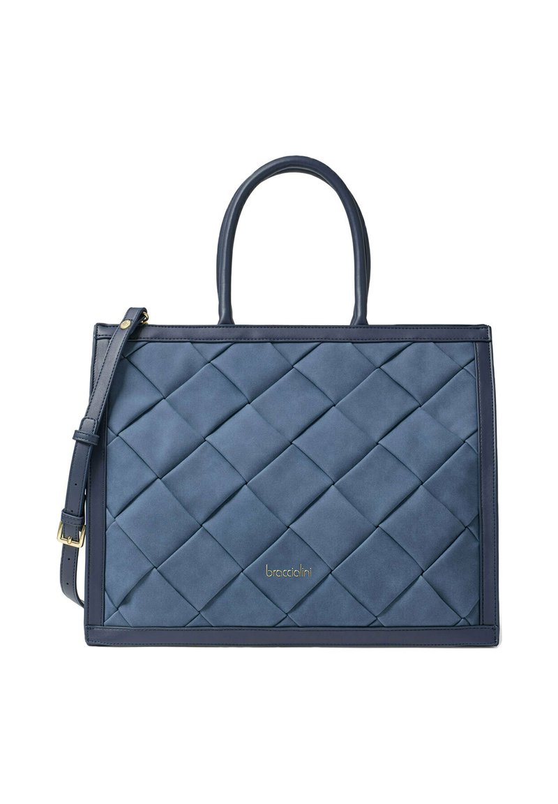 Marineblauwe, gewatteerde handtas gemaakt van glad materiaal, met dubbele handvatten en een afneembare schouderband. Gouden logo-accent aan de onderkant.