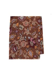 Tessuto floreale marrone con motivi intricati nelle tonalità di rosa, bianco e arancione; texture morbida con bordi frangiati.