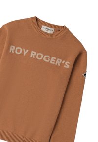Brauner gestrickter Pullover mit Rundhalsausschnitt, mit dem Logo "ROY ROGER'S" in hellbeige. Rippbündchen und -saum; zusätzliches Logo-Patch am Ärmel.