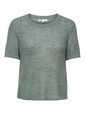 Short-sleeve knitted green sweater with round neckline and subtle textured pattern, suitable for casual wear.