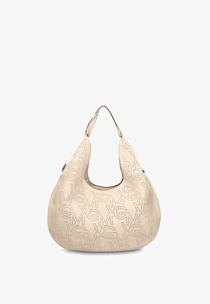Sac hobo en cuir beige avec motif de logo NYGM perforé et une seule large bandoulière.