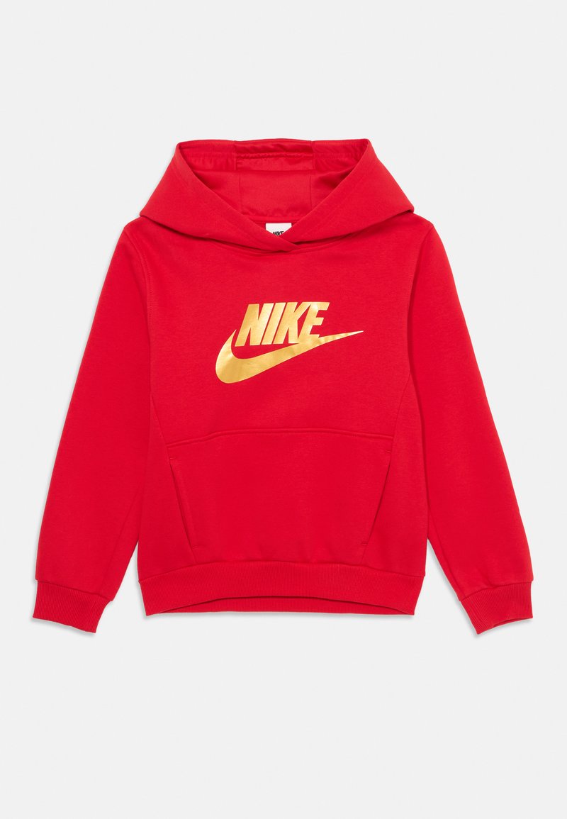 Sweatshirt com capuz vermelho, feito de algodão, com um bolso frontal. Apresenta um logo dourado da Nike impresso no peito e punhos e bainha canelados.