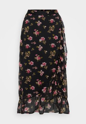 Čierna kvetinová sukňa s ružovými a zelenými vzormi, rozšírený strih a volánový lem. Vyrobená z ľahkej, polopriehľadnej látky.
