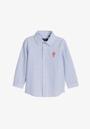 Chemise à manches longues à carreaux bleus et blancs avec boutons, petite broderie de homard rouge sur la poitrine gauche.