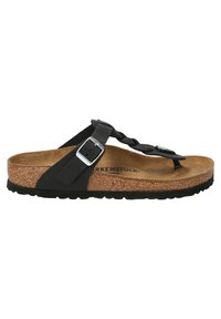 Zwarte flip-flop sandaal met gevlochten band, kurken voetbed en rubberen buitenzool. Voorzien van een zilveren gesp en een gestructureerde afwerking op het voetbed.
