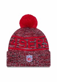 Red and gray knitted beanie with a large pom-pom, "49ERS" text, and an NFL logo patch on the cuff.