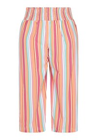 Spodnie capri w paski z marszczonym pasem. Posiadają wielokolorowe pionowe paski w kolorach różowym, pomarańczowym, niebieskim i zielonym. Wykonane z lekkiego materiału.