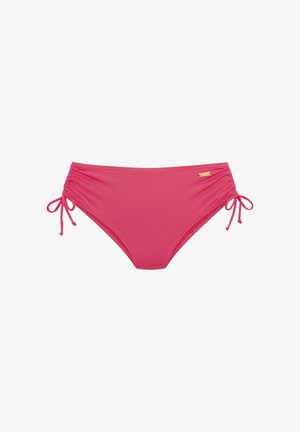 Rosa Bikini-Höschen mit verstellbaren Schnürungen an den Seiten, aus glattem Stoff gefertigt. Es verfügt über zarte Raffung und ein kleines Metall-Logo-Detail.