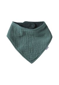 Teal green textured bandana bib with a soft black inner lining, designed for babies, laid flat on a white background.