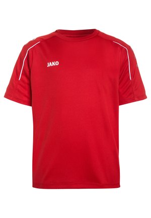 Rotes Sportshirt aus atmungsaktivem Material. Mit kurzen Ärmeln, Rundhalsausschnitt, weißen Akzenten an den Schultern und dem "JAKO"-Logo auf der Vorderseite.
