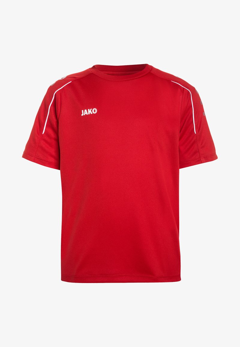 Rotes Sportshirt aus atmungsaktivem Material. Mit kurzen Ärmeln, Rundhalsausschnitt, weißen Akzenten an den Schultern und dem "JAKO"-Logo auf der Vorderseite.