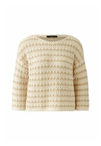 Strickpullover in Creme und Beige mit einem gestreiften Muster. Verfügt über einen runden Halsausschnitt und lange Ärmel. Texturiertes, offenes Strickdesign.