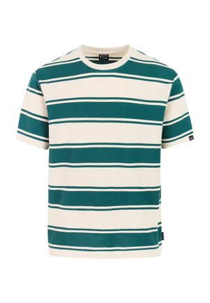 Stribet t-shirt med turkisblå og hvide vandrette striber, ribbet tekstur, korte ærmer og rund halsudskæring. Mærkat synligt nederst på kanten.