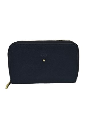 Portefeuille rectangulaire noir avec fermeture éclair dorée et petit emblème étoile dorée centré sur le devant.