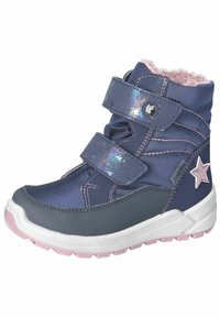 Bota de invierno azul marino con forro de piel sintética, dos correas de Velcro, acento de estrella en rosa, suela blanca y banda de rodadura de goma texturizada.