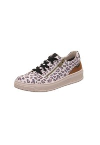 Leopardenmuster-Sneaker mit einem weichen rosa Grundton, schwarzen Schnürsenkeln und einem seitlichen Reißverschluss; Wildlederakzenten an der Ferse sorgen für Textur und Kontrast.