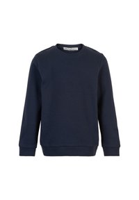 Marineblaue Sweatshirt, gerippter Rundhalsausschnitt, lange Ärmel und gerippte Bündchen. Hergestellt aus einem weichen, strukturierten Stoff mit einem schlichten Design.