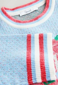 Pull en maille bleu clair avec col et poignets côtelés rouges, blancs et bleus, plié pour montrer un motif floral et une étiquette "NEXT" à l'intérieur du col.