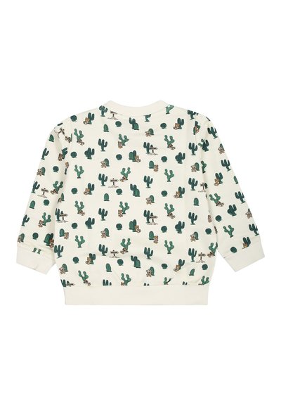 Pullover di colore crema chiaro con un motivo di cactus e illustrazioni giocose. Presenta polsini e orlo a coste, tessuto morbido e una vestibilità rilassata.