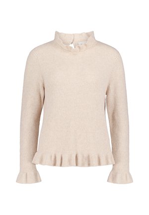 Lichtbeige geribde trui met een geschulpte hoge hals en mouwen, met een uitlopend zoom. Gemaakt van zacht materiaal met een gestructureerde afwerking.