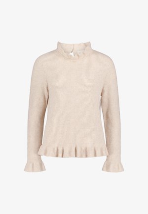 Light beige ribbed sweater with a ruffled high neck and cuffs, featuring a flared hem. Made from soft fabric with a textured finish.