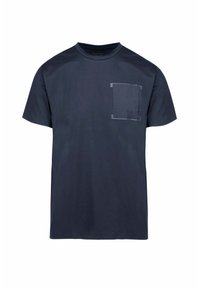 Marineblauwe t-shirt van zachte stof, met een borstzak met contrasterende afwerking. Korte mouwen, ronde hals en een relaxte pasvorm.